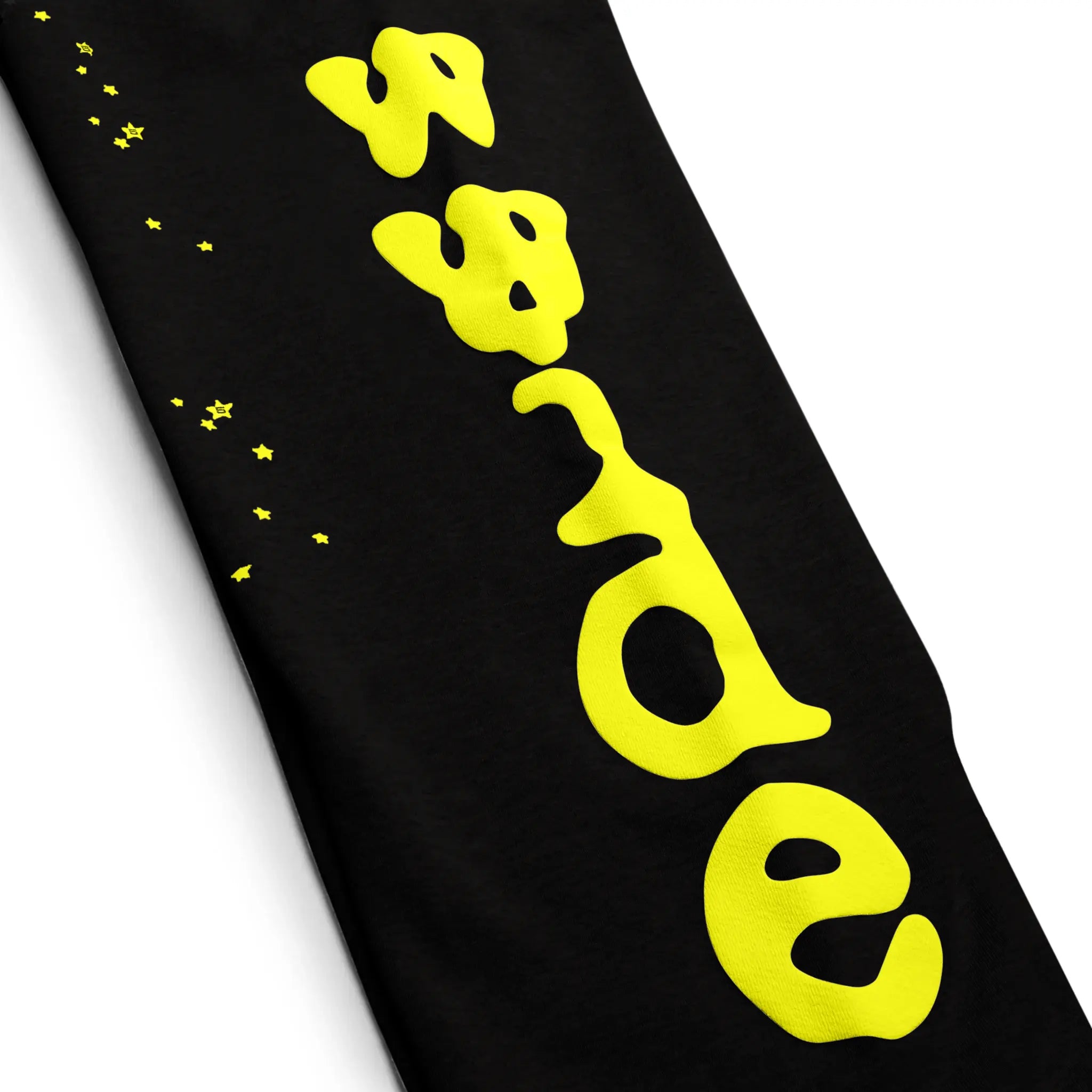 LEg hoodie view of Sp5der Beluga Onyx Yellow Tracksuit